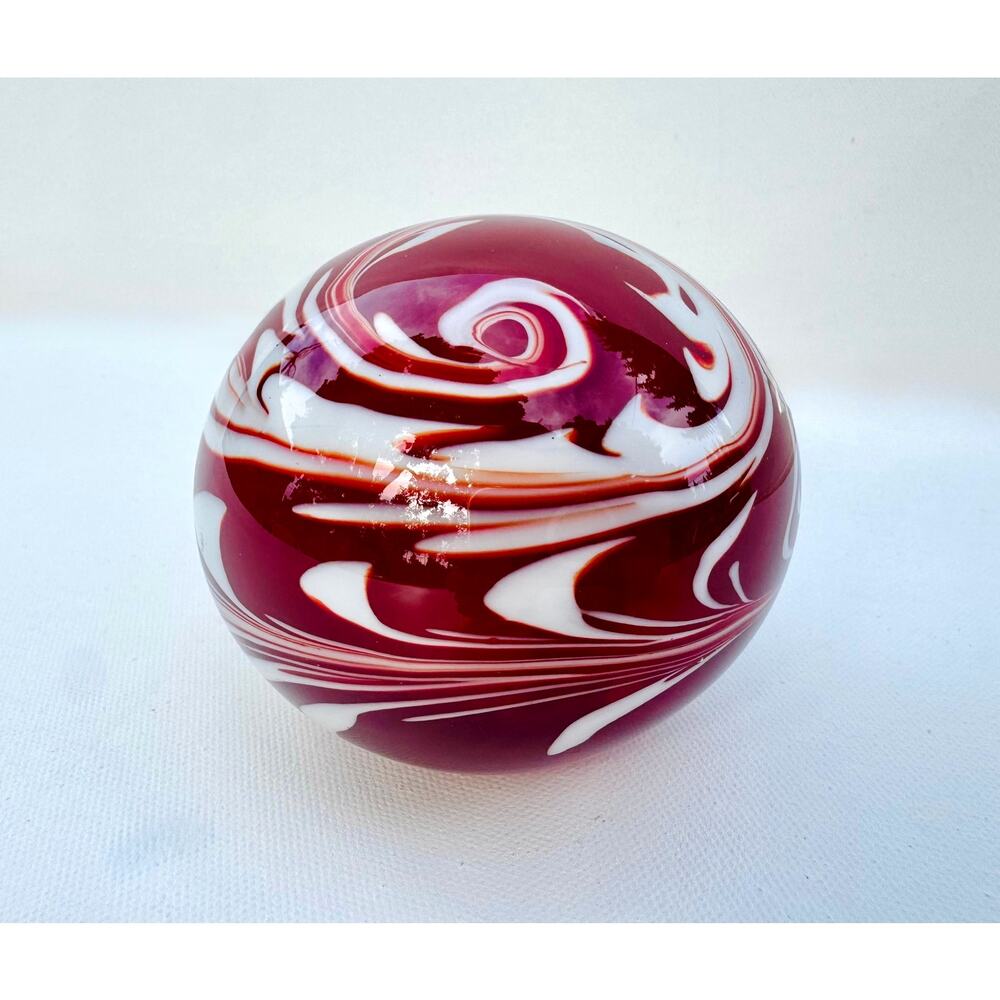 Vintage Ruby Red Art Glass Paperweight with White Swirl Ribbon Design